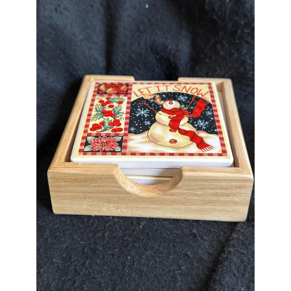 Let It Snow Snowman Ceramic Coaster Set with Wood Holder 5 Piece Christmas Decor
